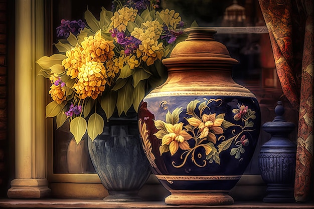Loja de decoração para casa com closeup de lindo vaso e flores generativas ai