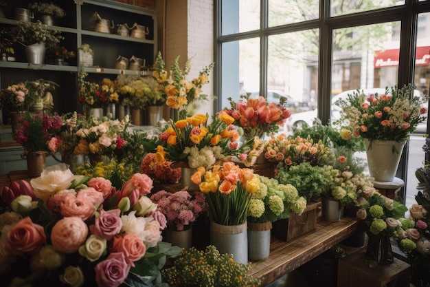 Loja de flores com arranjo de flores vibrantes e vegetação para a primavera