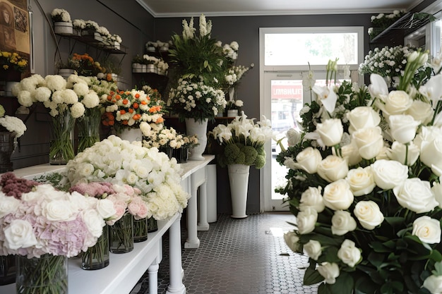 Loja de flores com flores de casamento em exibição prontas para tornar o dia de qualquer noiva especial