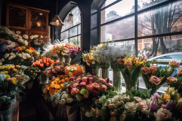 Loja de flores com uma variedade de buquês coloridos e exclusivos em exibição
