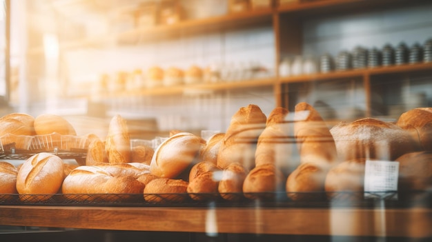Loja de padaria borrada em loja de atacado com pão fresco assado em prateleira de madeira