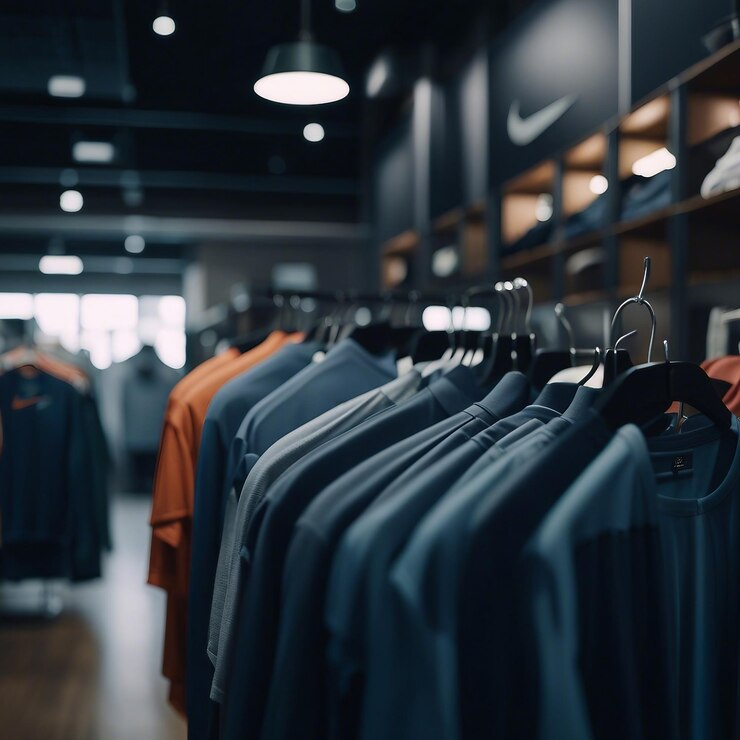 Foto loja de roupas com camisetas penduradas no cabide