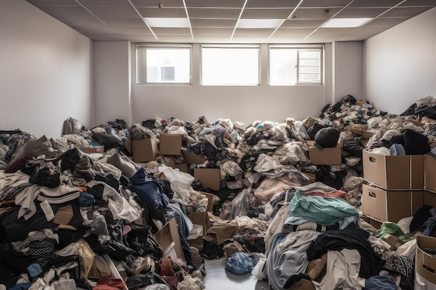 Foto loja de roupas fastfashion com caixas transbordando de roupas indesejadas