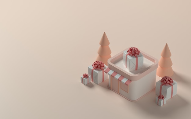 Loja isométrica com presente e árvore de Natal para banner ou promoção. Ilustração 3D