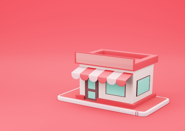 Foto loja online de renderização 3d no smartphone sobre fundo vermelho. conceito de comércio eletrônico e compras online.