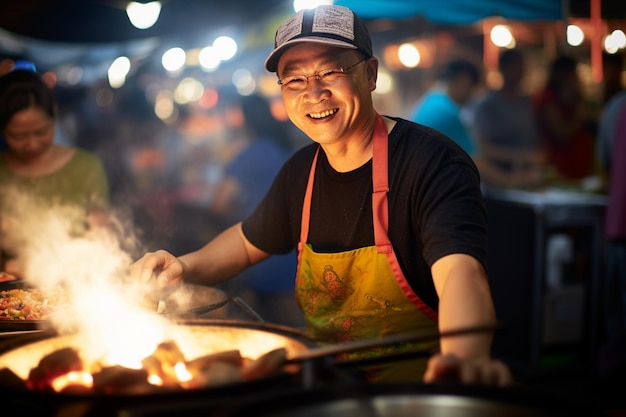 Lokaler männlicher Koch kocht nachts gerne auf dem Streetfood-Markt