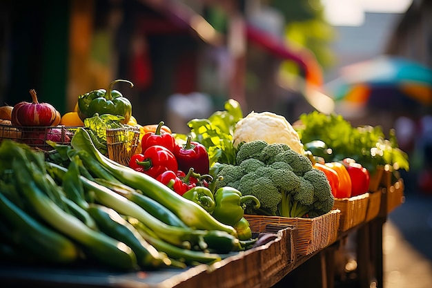 Lokaler Markt mit frischen landwirtschaftlichen Produkten, Gemüse und Kräutern in Nahaufnahme auf der Straßentheke