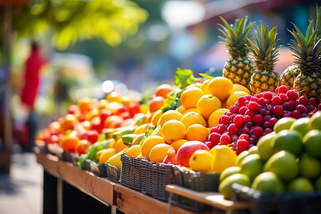 Lokaler Markt mit frischen landwirtschaftlichen Produkten. Obst in Nahaufnahme auf der Straßentheke