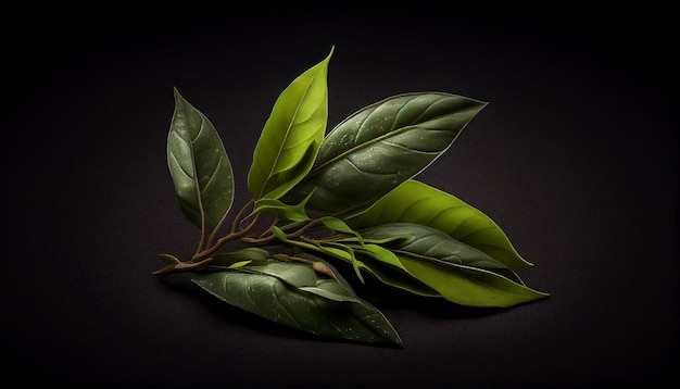 Lokalisierter frischer grüner Tee und getrocknete Blätter auf einem schwarzen Hintergrund