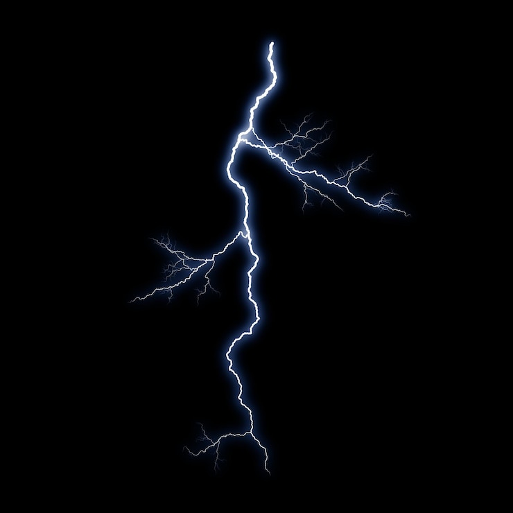Foto lokalisierter realistischer visueller effekt des elektrischen blitzschlags auf schwarzem nachthintergrund