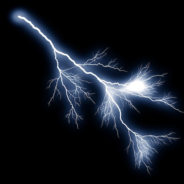 Lokalisierter realistischer visueller Effekt des elektrischen Blitzschlags auf schwarzem Nachthintergrund