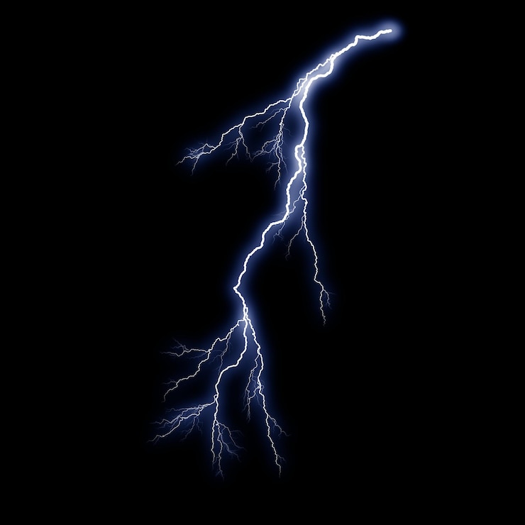Foto lokalisierter realistischer visueller effekt des elektrischen blitzschlags auf schwarzem nachthintergrund