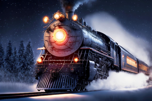 Lokomotive mit Polar-Express-Zug mit hell erleuchteten Scheinwerfern fährt mit der Bahn