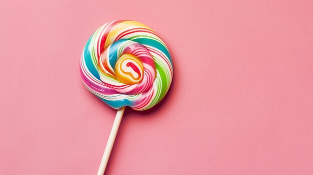 Foto lollipop colorido em fundo rosa colocação plana conceito mínimo ia generativa