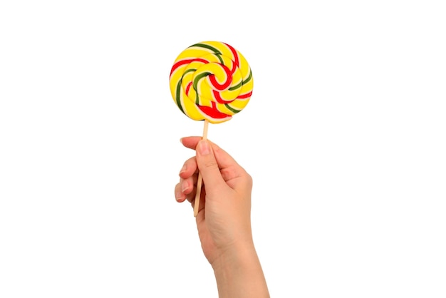 Lollipop in weiblicher Hand isoliert auf weißem Hintergrund Platz für Text oder Design