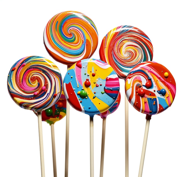 Lollipops coloridos em um bastão isolado em fundo branco