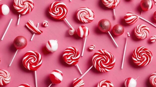 Lollipops de Navidad a rayas rojas y blancas en un fondo rosado con un patrón sin costuras