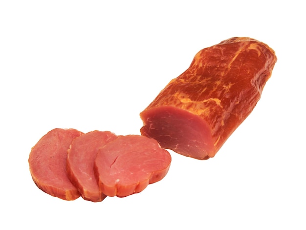 Lombo de porco cru defumado cozido suculento pedaço de carne em um fundo branco
