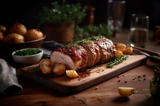 Lomo de cerdo asado casero con patatas asadas finas hierbas y almendras en tabla de cortar generada por IA