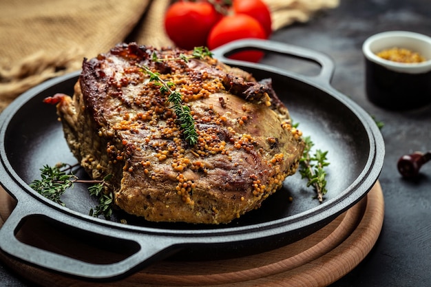 Lomo de cerdo asado. gran trozo de cerdo al horno con mostaza en sartén