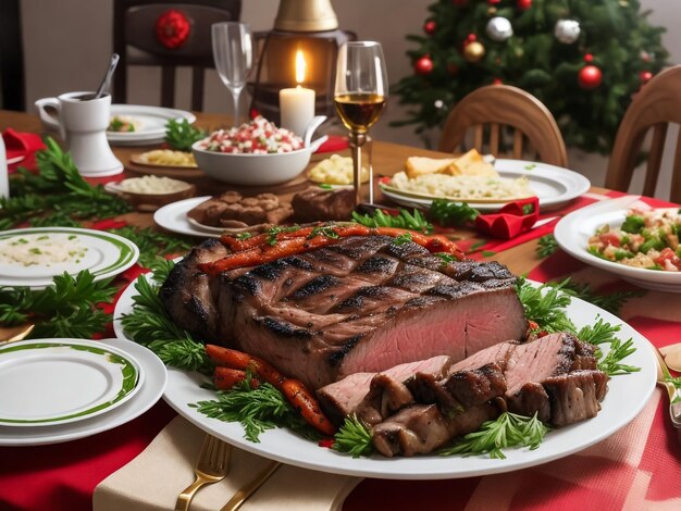 Lomo de cerdo asado con patatas al horno y verduras atmósfera navideña