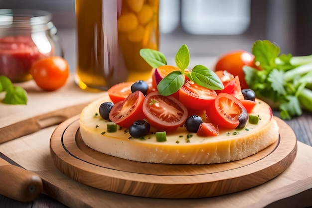 Una loncha de queso con tomate y albahaca encima