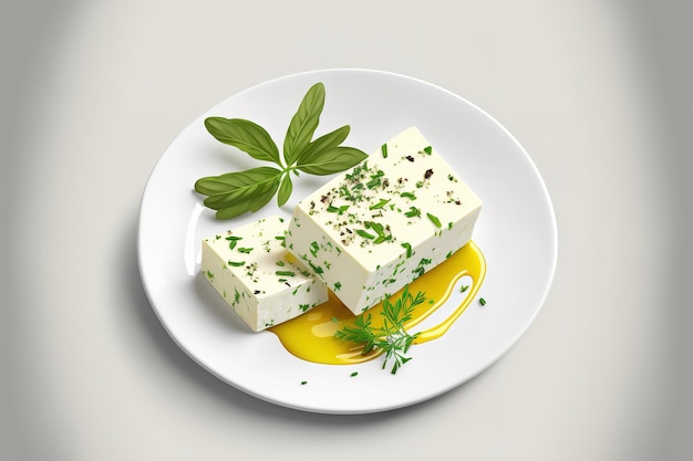 Foto lonchas de queso feta con hierbas y aceite