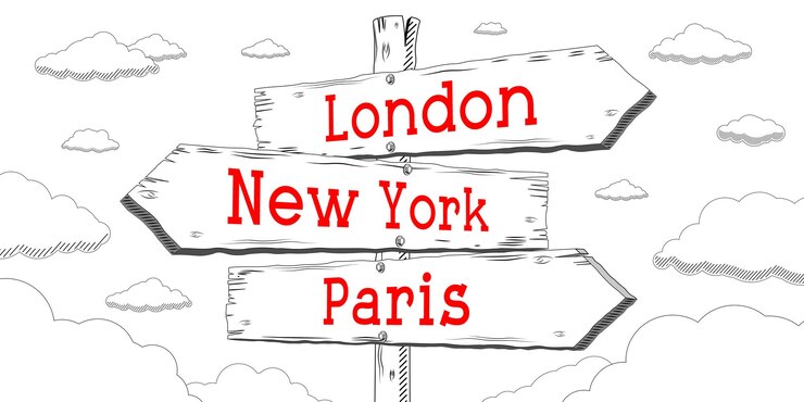 Foto london new york paris umriss wegweiser mit drei pfeilen