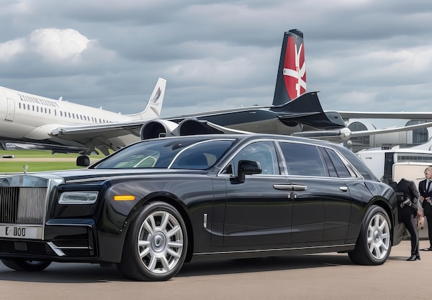 Foto londres, 7 de maio de 2020 avião executivo privado com limusine rolls royce phantom carro de luxo sho