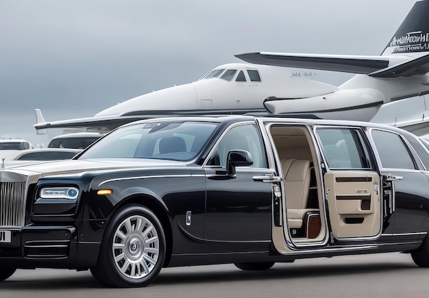 Foto londres 7 de mayo de 2020 avión ejecutivo privado con limusina rolls royce phantom coche de lujo sho