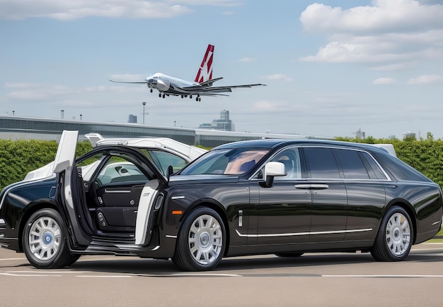 Foto londres 7 de mayo de 2020 avión ejecutivo privado con limusina rolls royce phantom coche de lujo sho