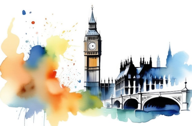 Londres, capital da Grã-Bretanha, torre Big Ben, carta postal, ilustração em aquarela, viagem