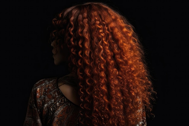 Long Auburn Afro Curls Vista trasera sobre fondo negro IA generativa