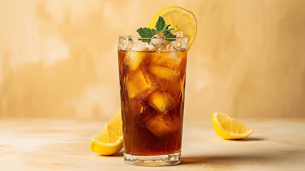 Foto long island ice tea cocktail getränk mit wodka rum tequila gin likör zitronensaft cola und eis mit zitronenscheibe und minze in highball glas beige hintergrund hartes licht