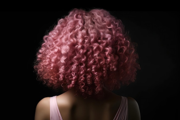 Long Pink Afro Curls Vista trasera sobre fondo negro IA generativa