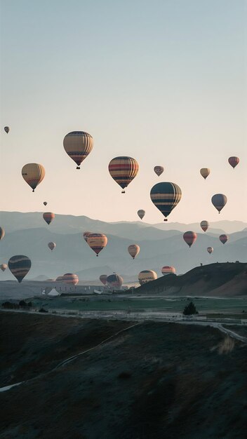 Long shot de globos de aire caliente multicolores flotando por encima de las montañas