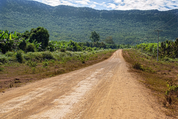 Foto longa estrada cercada por árvores e altas montanhas cobertas de verdes