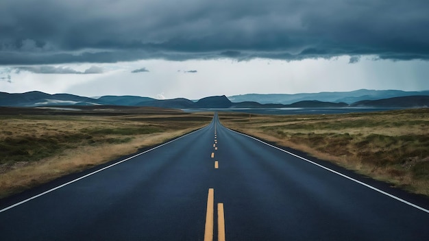 Longa estrada de asfalto sob o céu nublado e chuvoso