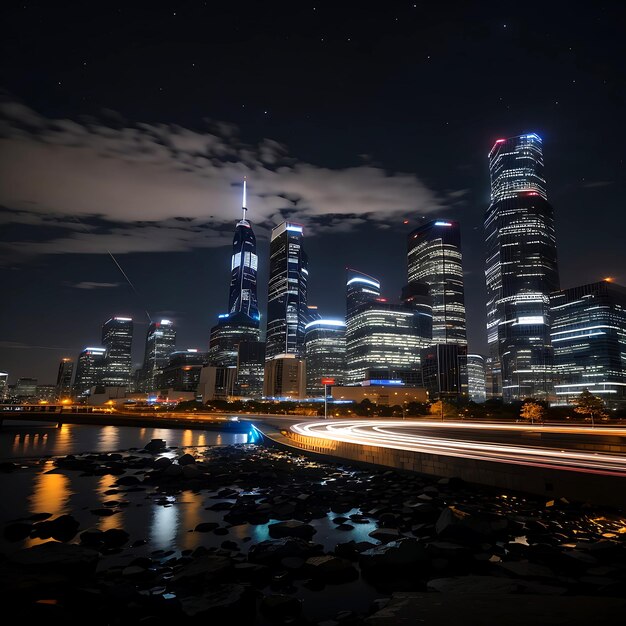 Longa exposição à noite com horizonte da cidade ai gerado