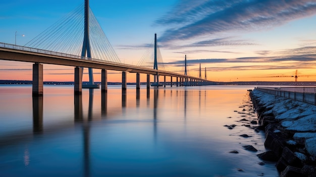 Longa exposição da Ponte Infinita e da Baía de Aarhus ao nascer do sol