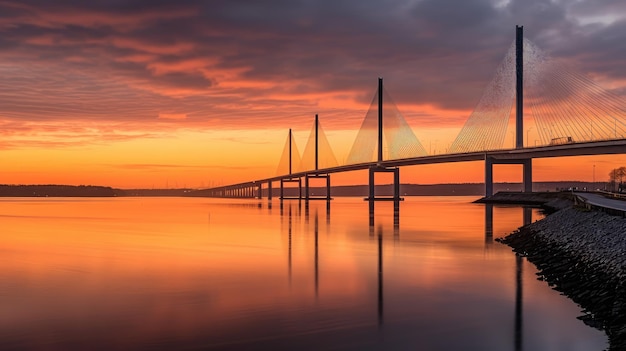 Longa exposição da Ponte Infinita e da Baía de Aarhus ao nascer do sol