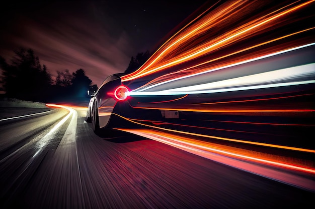 Longa exposição de um carro dirigindo à noite com seus faróis e lanternas traseiras criando faixas dramáticas