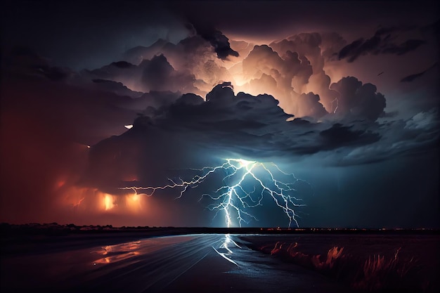 Longa exposição do céu tempestuoso com relâmpagos e nuvens em movimento