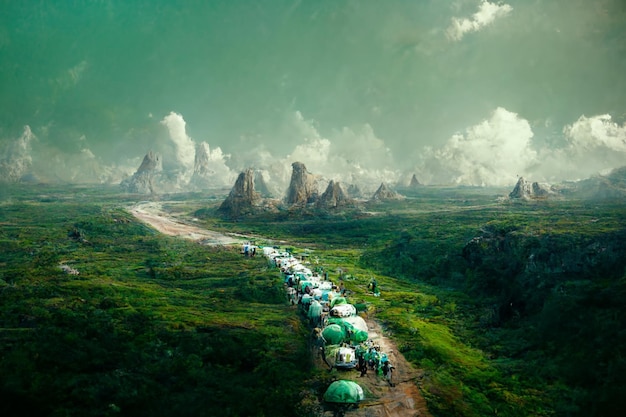 Longa fila de guarda-chuvas verdes em uma estrada de terra generativa ai