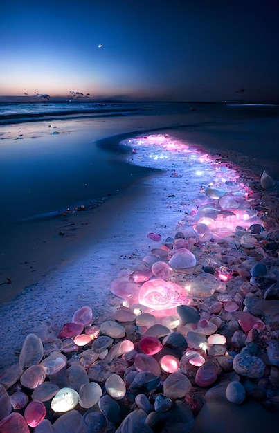 Longa linha de conchas sentadas em cima de uma praia de areia generativa ai