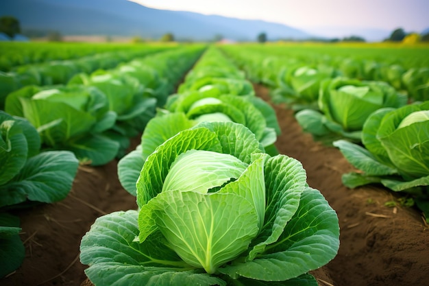 longas fileiras de canteiros verdes com cultivo de repolho ou alface no campo de um grande fazendeiro