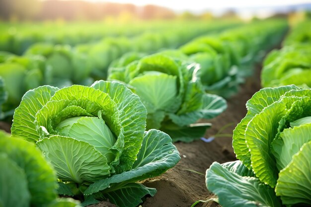 longas fileiras de canteiros verdes com cultivo de repolho ou alface no campo de um grande fazendeiro