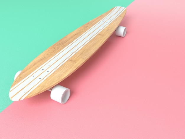 Longboard auf rosa und grünem Hintergrund 3D-Render-Illustration