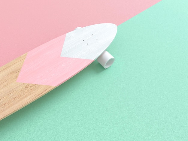 Longboard sobre fondo rosa y verde 3d render ilustración