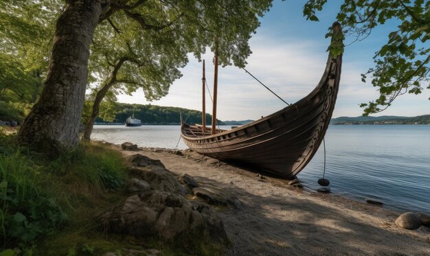 Longboat viking encontra porto na praia atracado com segurança designe